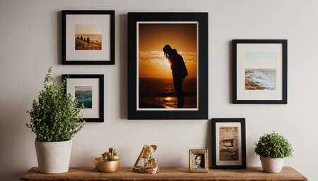 Modern scandinavian interior with photo frames, plants and decorations. Mock up, 3D Renderingの素材