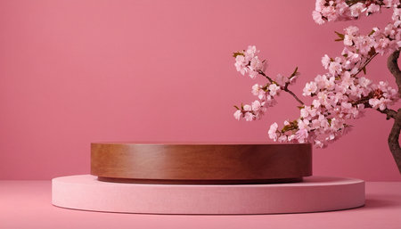 Wooden podium for product presentation with cherry blossoms on pink backgroundの素材