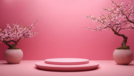 3d render of minimal display podium for product presentation with cherry blossom tree on pink background.の素材