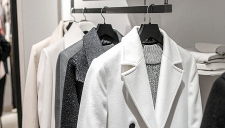 Men's clothing on a hanger in a shop. Blurred backgroundの素材