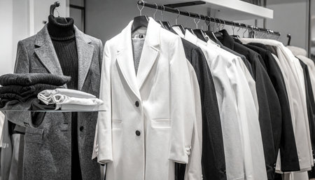 Men's clothing on a hanger in a store. Black and white photoの素材