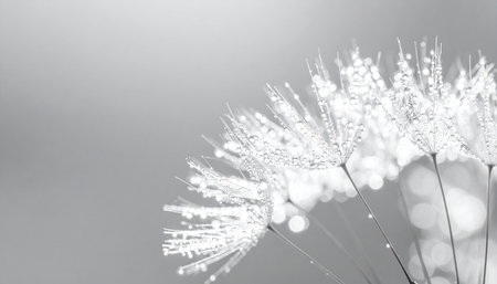 Dew drops on dandelion seeds close up. Nature backgroundの素材