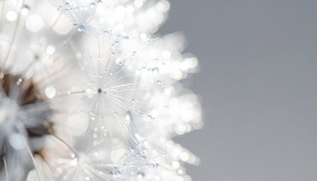 Dandelion seeds with water drops on white background. Close up.の素材
