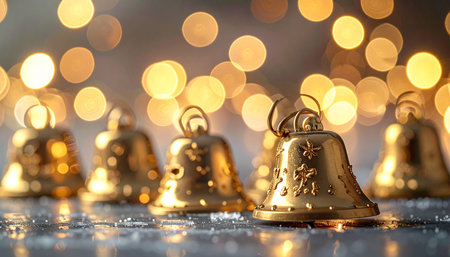 Christmas golden bells on bokeh background, Christmas and New Year conceptの素材