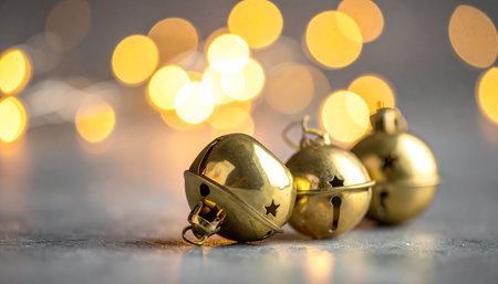 Golden christmas bell on bokeh background with copy space.の素材