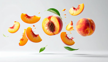 Flying peaches with green leaves on white background. 3D renderingの素材