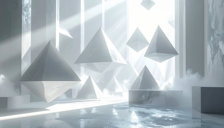 3d render. Futuristic interior with white pyramids and lightの素材