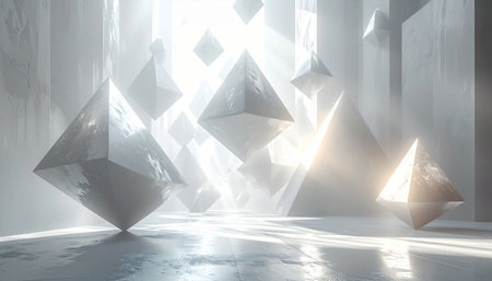 Abstract 3d rendering of geometric shapes in empty room. Futuristic interior design.の素材