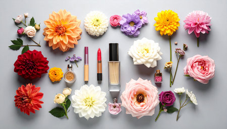 Flat lay composition with makeup products and flowers on light grey backgroundの素材