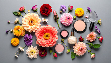 Beautiful makeup products and flowers on grey background, flat lay. Space for textの素材