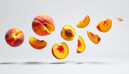 Flying peaches isolated on white background. Fruit levitation concept.の素材