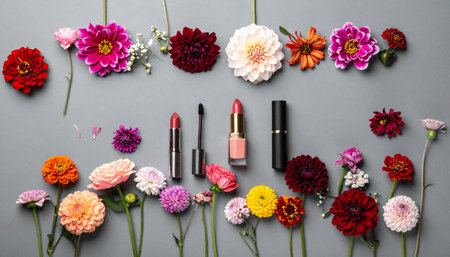 Beautiful flowers and lipstick on grey background, flat lay. Space for textの素材