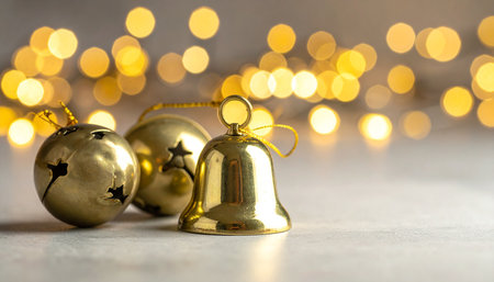 Golden Christmas bells with bokeh lights on background, close upの素材