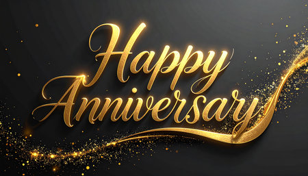 Happy Anniversary lettering with gold ribbon on black background. Vector illustration.の素材