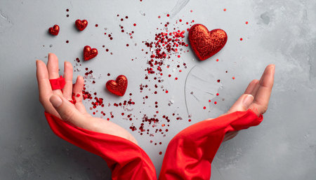 Valentines day background with red hearts in female hands. Flat lay, top viewの素材