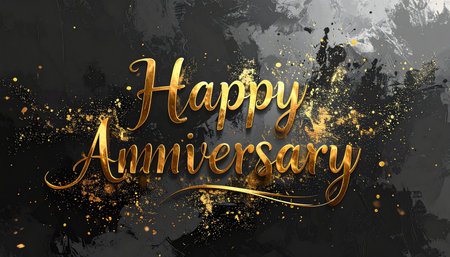 Happy anniversary golden lettering on black grunge background. Vector illustrationの素材