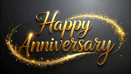 Happy Anniversary gold lettering with sparkles on black background. Vector illustration.の素材