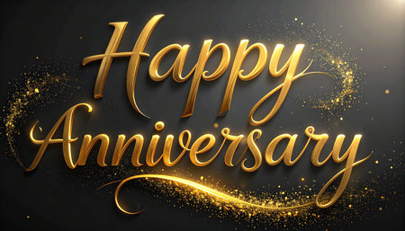 Happy Anniversary gold lettering on black background. Vector Illustration.の素材