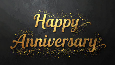 Happy Anniversary lettering on black background with golden glitter. Vector illustration.の素材