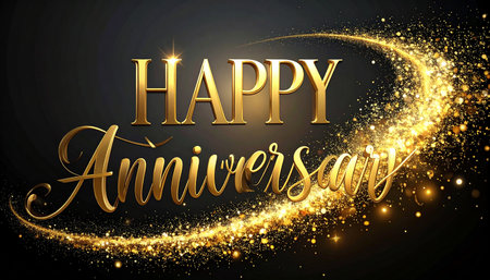 Happy Anniversary lettering with golden glitter on dark background. Vector illustration.の素材