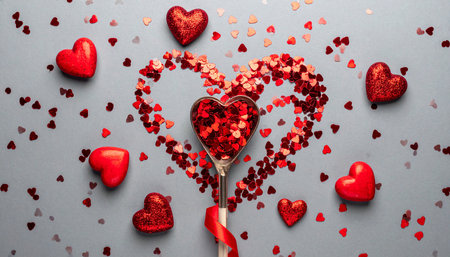 Valentine's day concept. Red hearts and silver spoon on grey backgroundの素材