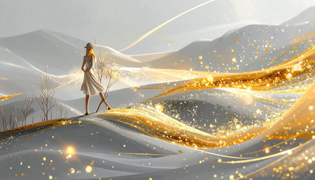 Woman walking on sand dune with golden light effect. Mixed mediaの素材