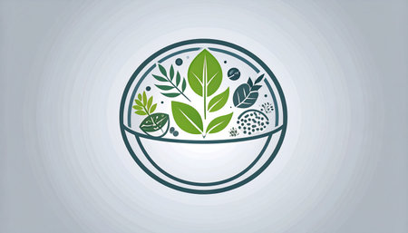 Illustration of a healthy food emblem with fresh green leaves and seedsの素材