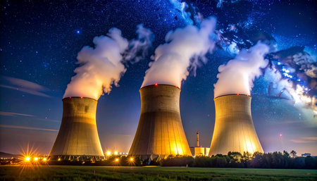 Nuclear power plant Temelin at night, Czech Republic Europe.の素材
