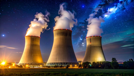 Nuclear power plant Temelin in Czech Republic at night with starsの素材