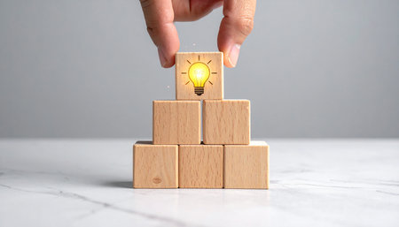 Businessman hand arranging wooden block stacking as step stair with light bulb icon on top.の素材
