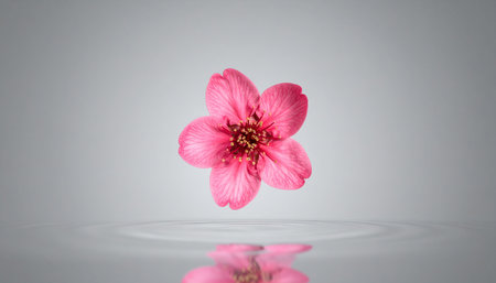 cherry blossom on white background with water ripples and reflectionの素材