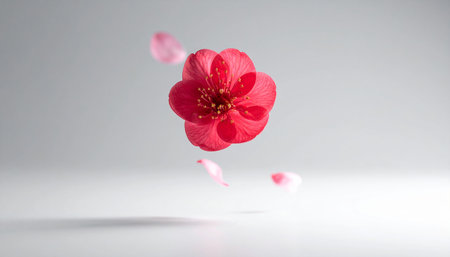 Red flower of Japanese quince on white background with copy space.の素材