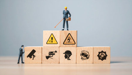 Miniature people : engineer and worker standing on wooden blocks with warning signの素材