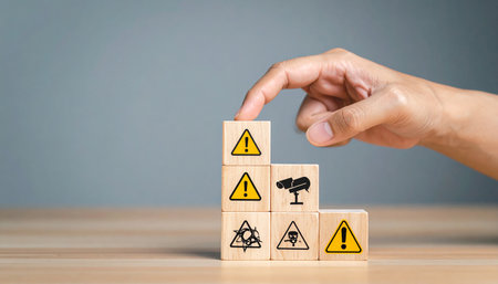 Businessman hand arranging wood block stacking as step stair and warning sign, Risk management conceptの素材