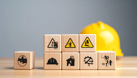 Wooden blocks with building and construction related icons on wooden background.の素材