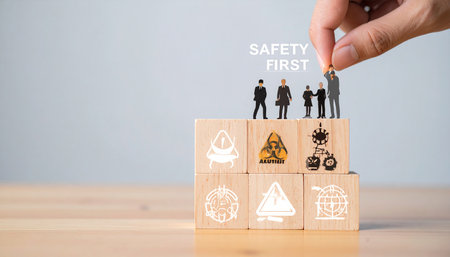Safety first concept. Businessman hand putting wooden cube block with safety first icon on it.の素材
