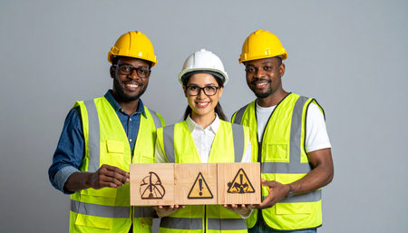 Group of happy African-American construction workers standing together and holding wooden box with warning signの素材