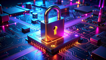 Padlock on circuit board. Cyber security concept. 3d renderingの素材