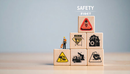 Safety first concept. Hazard warning sign on wooden cubes with miniature peopleの素材