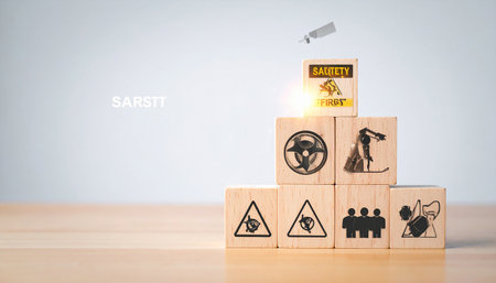 Conceptual image of warning sign on wooden cubes with icons.の素材