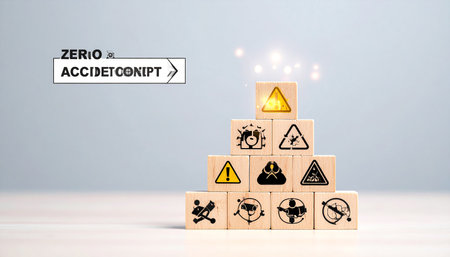 Wooden blocks with warning symbols on white background. Safety concept.の素材