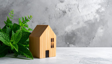 Miniature wooden house with mint leaves on grey background. Real estate concept.の素材