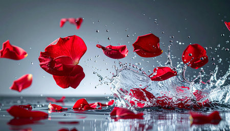 Red rose petals falling into water with splash and drops on grey backgroundの素材