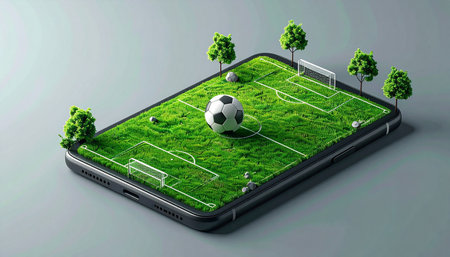 Smartphone with soccer ball on grass field. 3d illustration.の素材