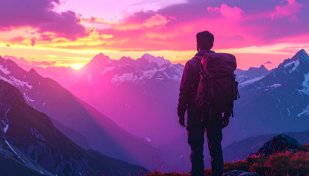 Hiker with backpack on the background of mountains at sunset. Travel and adventure concept.の素材