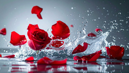Red rose petals falling into water with splash and drops on backgroundの素材