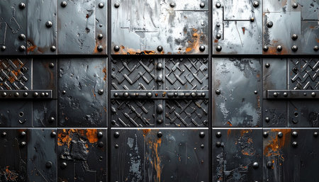 Metal background with rivets and rusted iron plate. 3d renderingの素材