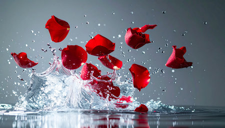 Red rose petals fall into the water with splashes and dropsの素材