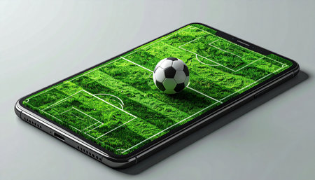 Smartphone with soccer ball on the field. 3d illustration.の素材