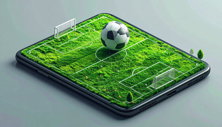 Smartphone with soccer ball on grass field. 3d illustration.の素材